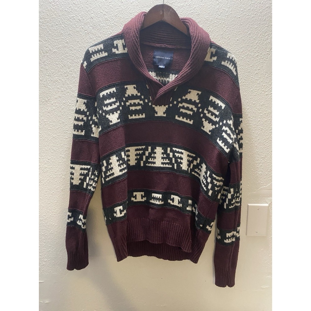 American Eagle Maroon Aztec Southwest Geometric Sweater Cozy Ski Lodge Preppy L‎